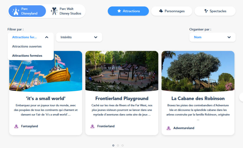 Voyages Disney. Capture site Disneyland Paris : liste attractions fermées