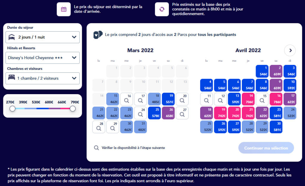 Voyages Disney. Capture site Disneyland Paris : calendrier tarifs séjour Disneyland Paris, billet moins cher
