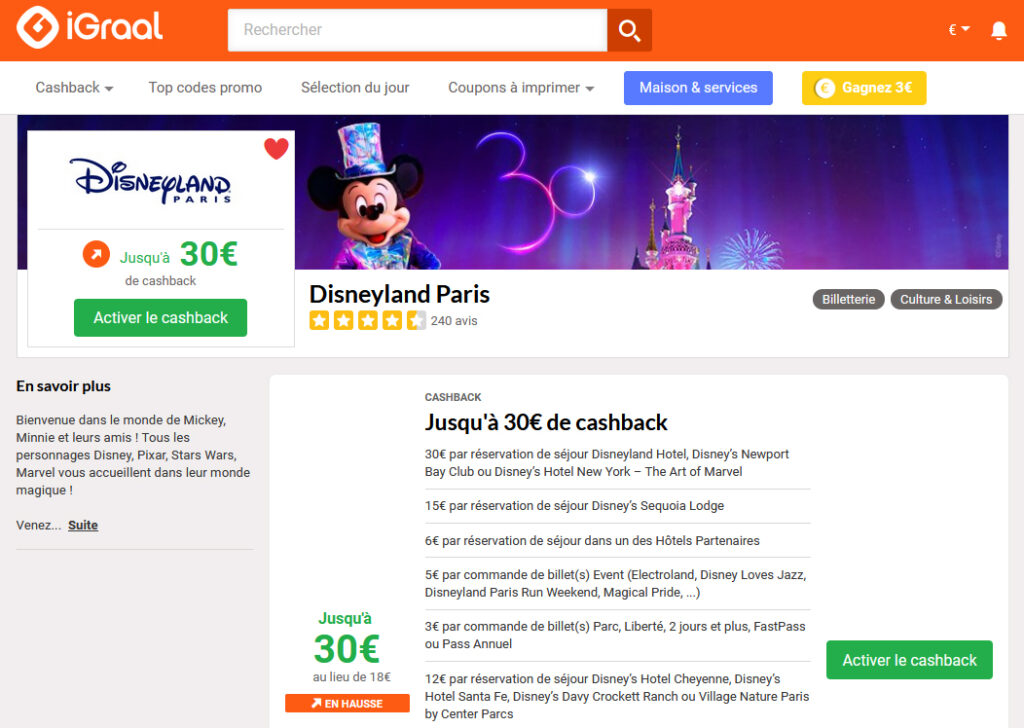Voyages Disney. Capture site iGraal : Disneyland Paris