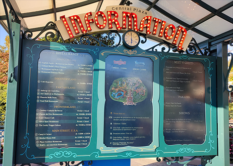 Disneyland Paris, Central Plaza Information (Main Street USA), temps d'attente attractions, rides waiting times